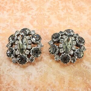 Large Vintage MCM Gray Smokey Rhinestones Clip On Earrings